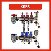 Коллектор для теплого пола в сборе на 3 контура KOER с расходомерами, термометрами, конечными элементами