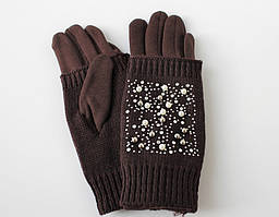 Жіночі теплі рукавички, в'язання намистинами коричневі