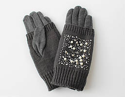 Жіночі теплі рукавички, в'язання намистинами сірі