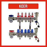 Коллектор для теплого пола в сборе на 5 контуров KOER с расходомерами, термометрами, конечными элементами
