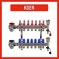 Коллектор для теплого пола в сборе на 7 контуров KOER с расходомерами, термометрами, конечными элементами