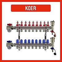 Колектор для теплої підлоги в зборі на 10 контурів KOER з витратомірами, термометрами, кінцевими елементами
