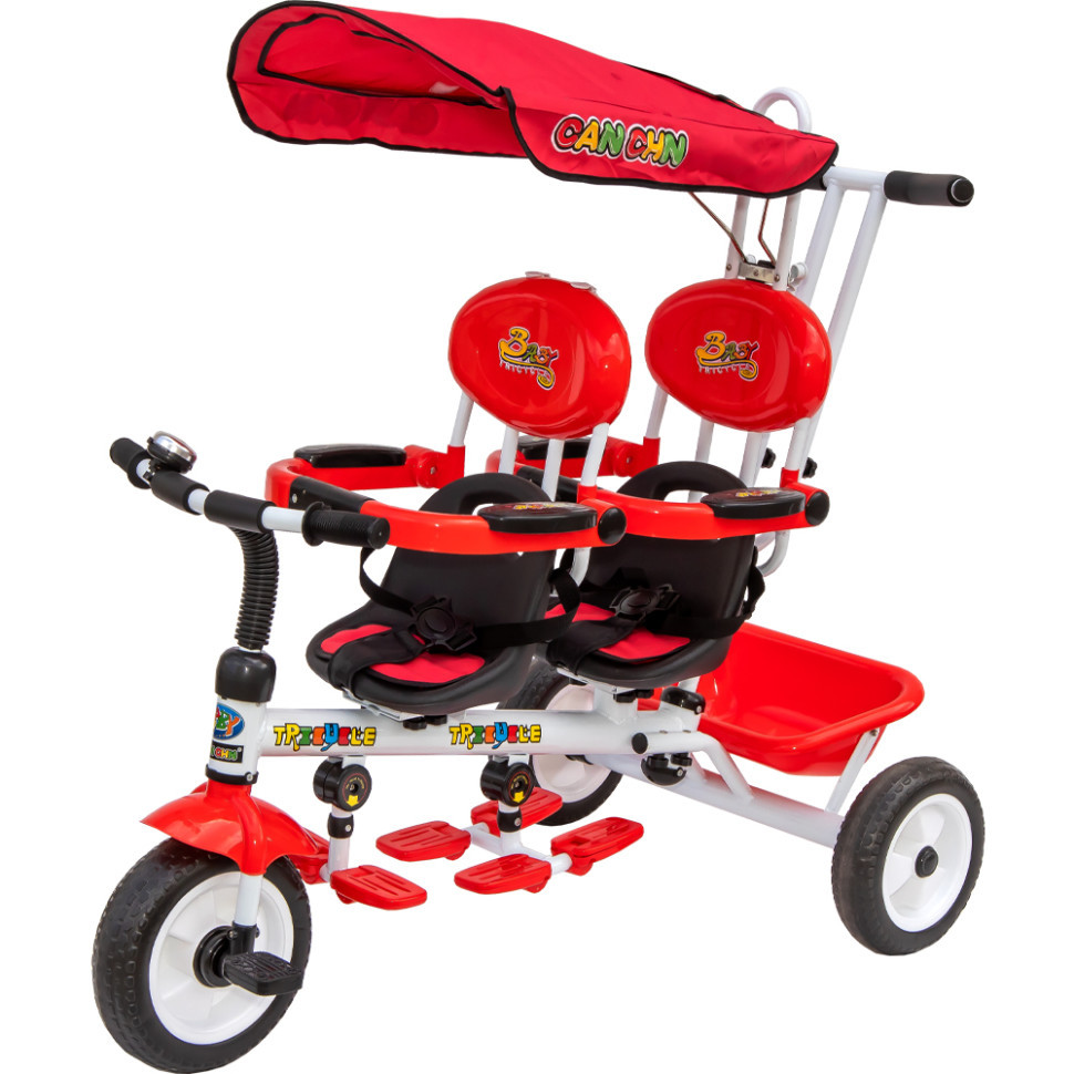 Велосипед для двійні триколісний двомісний з батьківською ручкою Супер Трійка червоного кольору