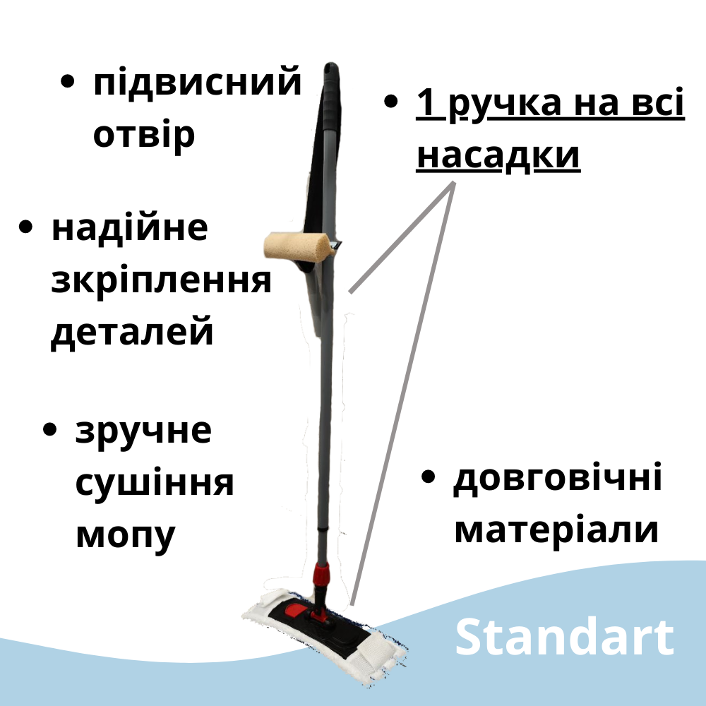 Швабра с телескопической ручкой 2м для мытья окон пола и стен сгон 25см и плоская насадка держатель мопа 40см - фото 2 - id-p1846056685