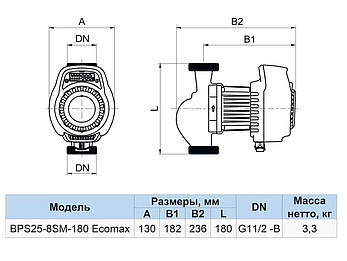 Циркуляційний насос BPS25-8SM-180 Ecomax "NPO" потужність 130 Вт,мах.напір 8 м, Qmax 7.5, фото 3