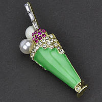 Брошка металева на золотистій основі молочний коктейль із намистиною покрита кольоровою емаллю розмір 55х20 мм