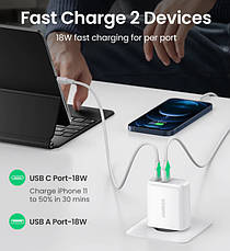 Адаптер живлення для телефону Ugreen CD170 White USB+USB Type-C Wall Charger 36W 3A, фото 3
