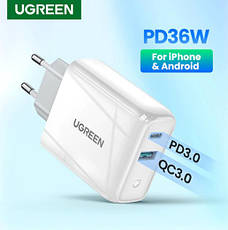 Адаптер живлення для телефону Ugreen CD170 White USB+USB Type-C Wall Charger 36W 3A, фото 5