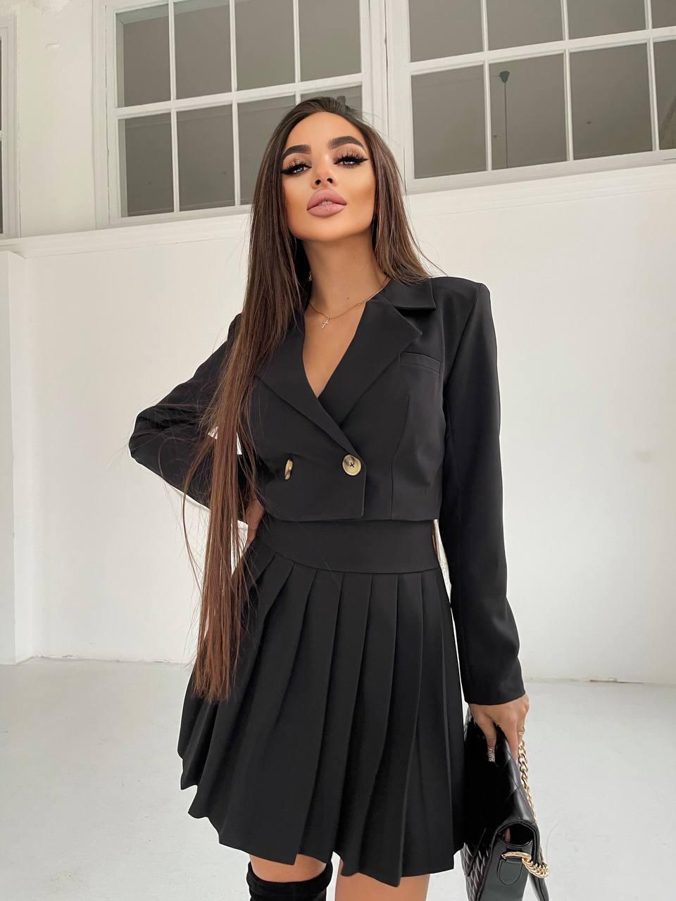 Трендовий жіночий костюм укорочений жакет з довгим рукавом та спідниця Kan1640