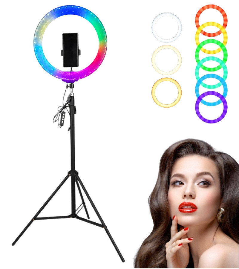 Кільцева LED лампа 3D RGB 26 см кольорова двостороння зі штативом 2 м Селфі кільце для блогерів від USB, фото 1