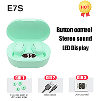 Наушники беспроводные E7S 5.0 Bluetooth с микрофоном TWS наушники Зеленые без упаковки