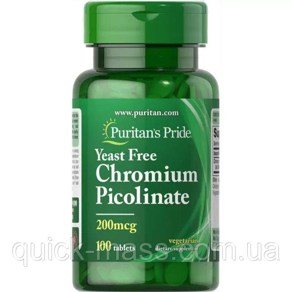 Хром піколінат для зменшення апетиту Puritan's Pride, Chromium Picolinate 200 mcg, Yeast Free, 100 Tablets, фото 1