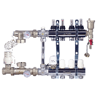 Колектор для теплої підлоги в зібраному вигляді на 2 виходи з витратомірами 1"x3/4" FADO