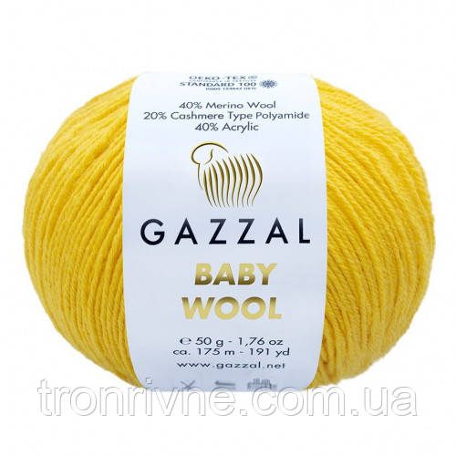 Пряжа для в'язання Gazzal Baby wool. 50 г. 175 м. Колір жовтий 812