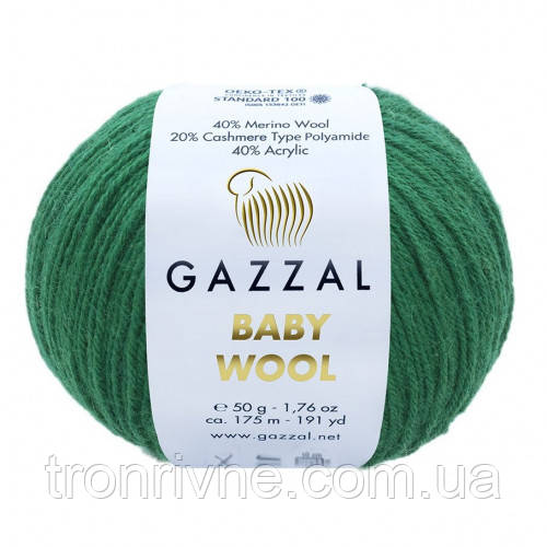 Пряжа для в'язання Gazzal Baby wool. 50 г. 175 м. Колір зелений 814