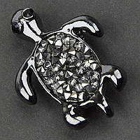 Брошь металлическая на серебристой основе черепашка с кристаллами покрыта темно серой эмалью размер 35х25 мм