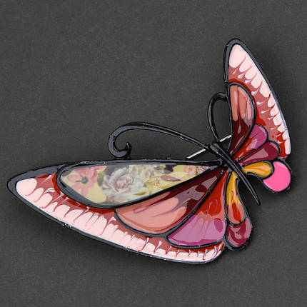 Брошка металева на чорній основі метелик різнобарвна покрита кольоровою емаллю розмір 55х55 мм, фото 2