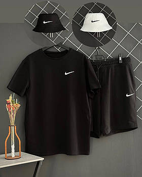 Чоловічий літній костюм 3в1 Nike Футболка + Шорти + Панамка чорний комплект Найк на літо