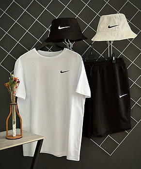 Чоловічий літній костюм 3в1 Nike Футболка + Шорти + Панамка білий із чорним комплектом Найк на літо
