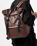 Чоловічий рюкзак роллтоп рол коричневий з екошкіри міської, офісний, для ноутбука 15,6, повсякденний, фото 2