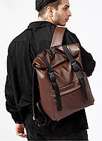 Чоловічий рюкзак роллтоп рол коричневий з екошкіри міської, офісний, для ноутбука 15,6, повсякденний