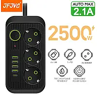 Мережевий фільтр живлення UA Power Socket F09U 3 розетки +4 USB + Type-C Port 2 m, мережевий подовжувач розеток,