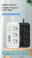 Сетевой фильтр питания UA Power Socket F09U на 4 метра 3 розетки +4USB +Type-C Port , сетевой удлинитель