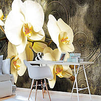Фото обои для кухни с орхидеями 368x254 см 3Д Желтые цветы и узоры (2948P8)+клей