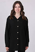 Рубашка женская черная оверсайз легкая летняя  на пуговицах с длинными рукавами жатка с накладным карманом