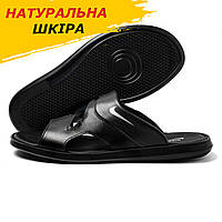Летние мужские кожаные шлепки Nike, черные молодежные шлепанцы из натуральной кожи на лето обувь *35 чорн/сір*