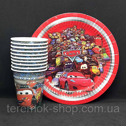 Посуд одноразовий паперовий Тачки, набір дитячий червоний Блискавка Маквін 10 тарілок 10 стаканчиків