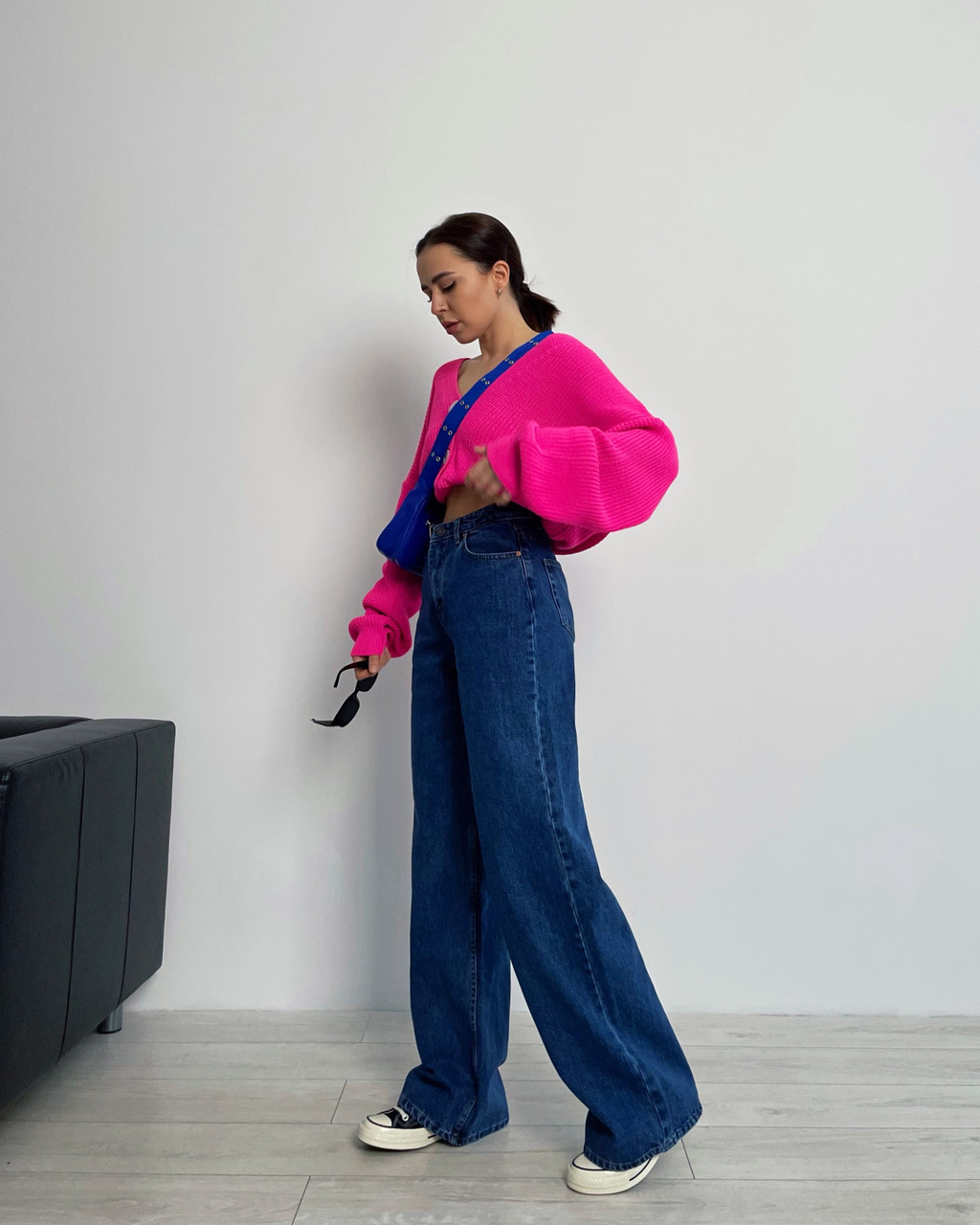 Сині жіночі джинси палаццо з високою талією 38, фото 1