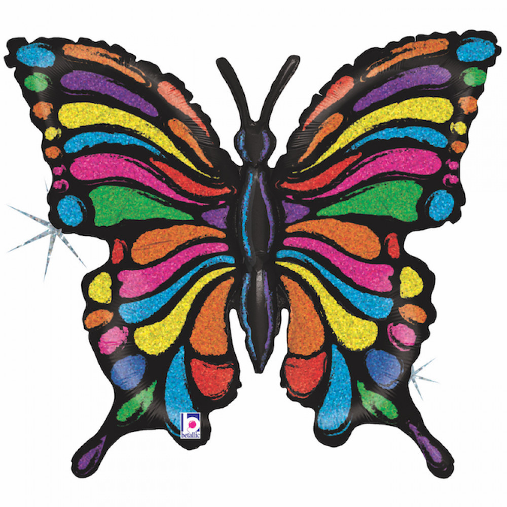 Grabo 33"  Метелик блискучий голографія чорний. Куля фольгована фігура — В УП
