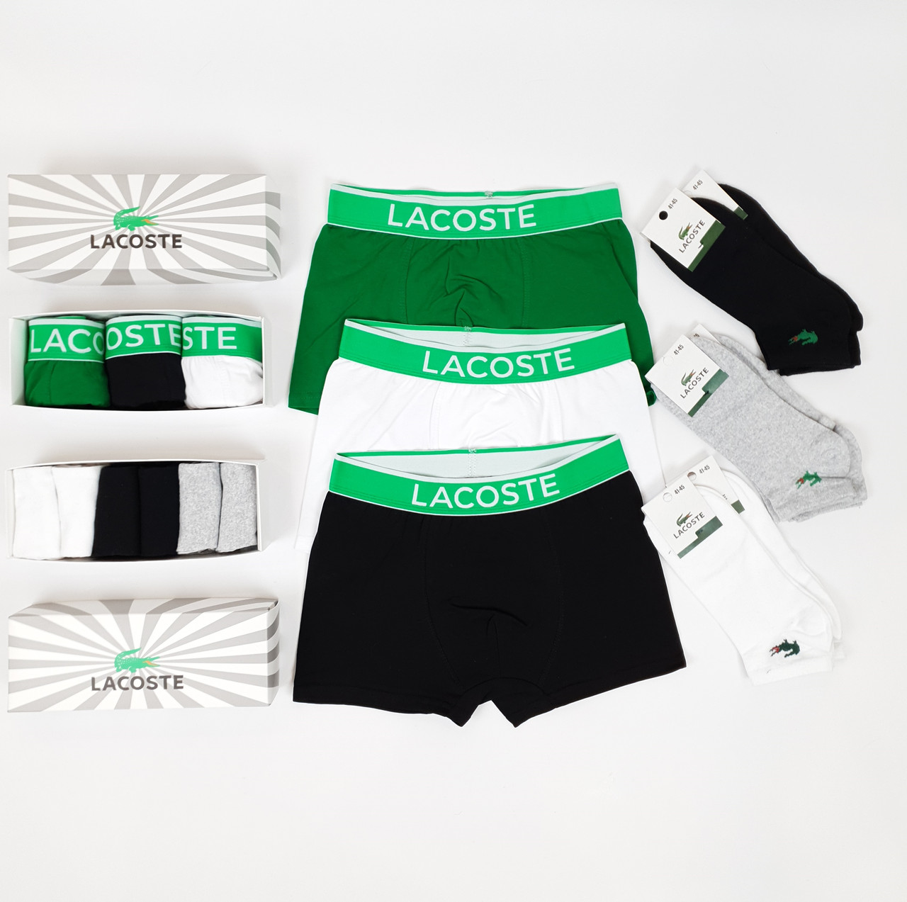Шкарпетки та труси набір Lacoste. Комплект трусів 3шт та шкарпеток 6 пар Лакосте. Чоловічі труси боксери та шкарпетки
