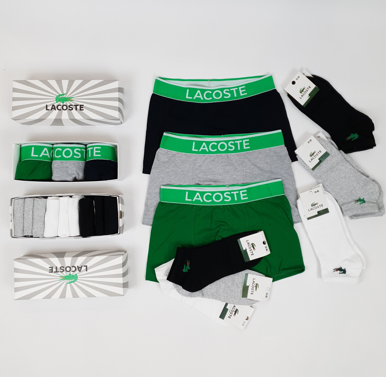 Білизна нижня комплект трусів боксерів 3 шт та коротких шкарпеток 9 пар Lacoste. Низькі шкарпетки та труси Лакосте