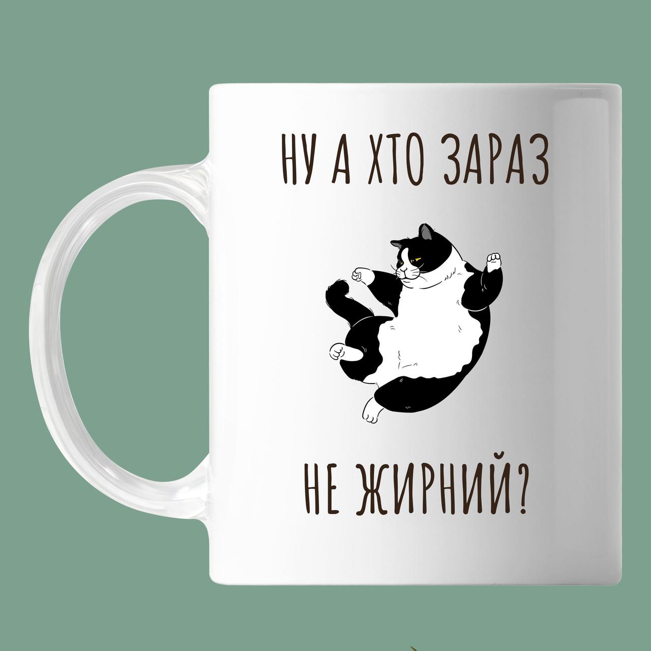 Чашка з написом "ну а хто зараз не жирний" кот, кружка з прінтом Орігамі OM 6062
