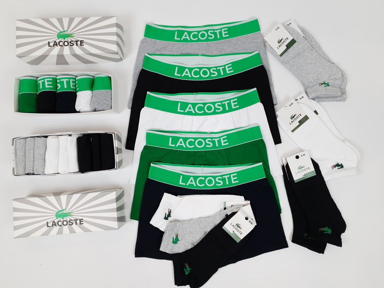Набір шкарпеток і труси чоловічі Lacoste. Комплект низьких шкарпеток бренд Лакосте 30шт та трусів боксерів 5шт