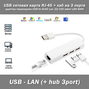 USB хаб на 3 порти + мережева карта RJ-45 Адаптер перехідник USB to RJ45 Lan 10/100 мбіт LAN, WAN