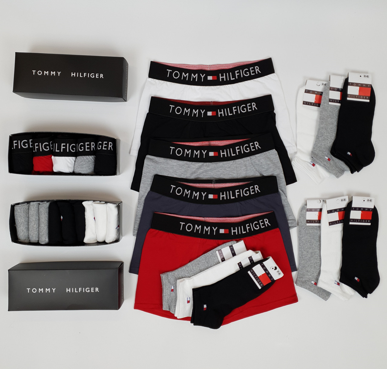 Набір чоловічих трусів боксерів 5шт. шкарпетки короткі 9 пар Tommy Hilfiger. Комплект труси та шкарпетки Томмі Хілфігер
