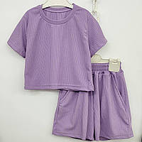 Летний комплект футболка и шорты для девочки оверсайз 64 (116см-122см), Сиреневый