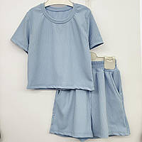 Летний комплект футболка и шорты для девочки оверсайз 76 (134см-140см), Голубой
