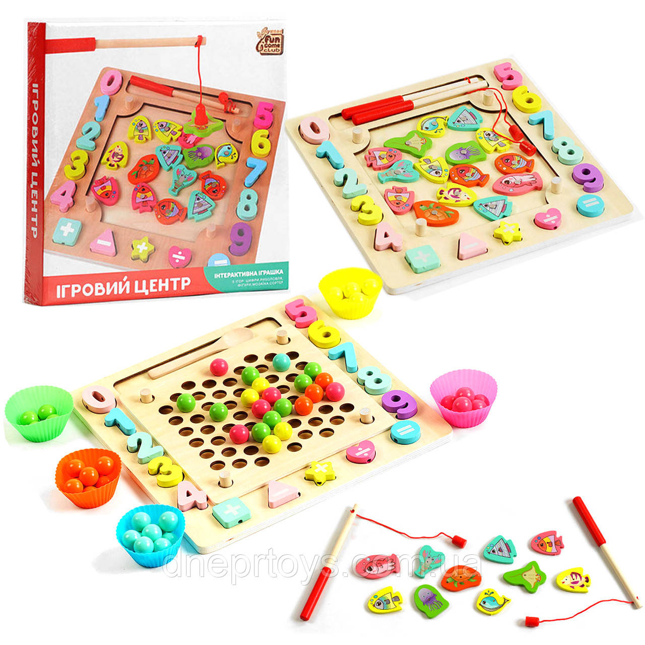 Ігровий центр 4FUN Game Club Wood, магнітна рибалка, сортер, мозаїка, гра-шнурівка, кульки, дерево в кор. 34*5*33см. (30351), фото 1