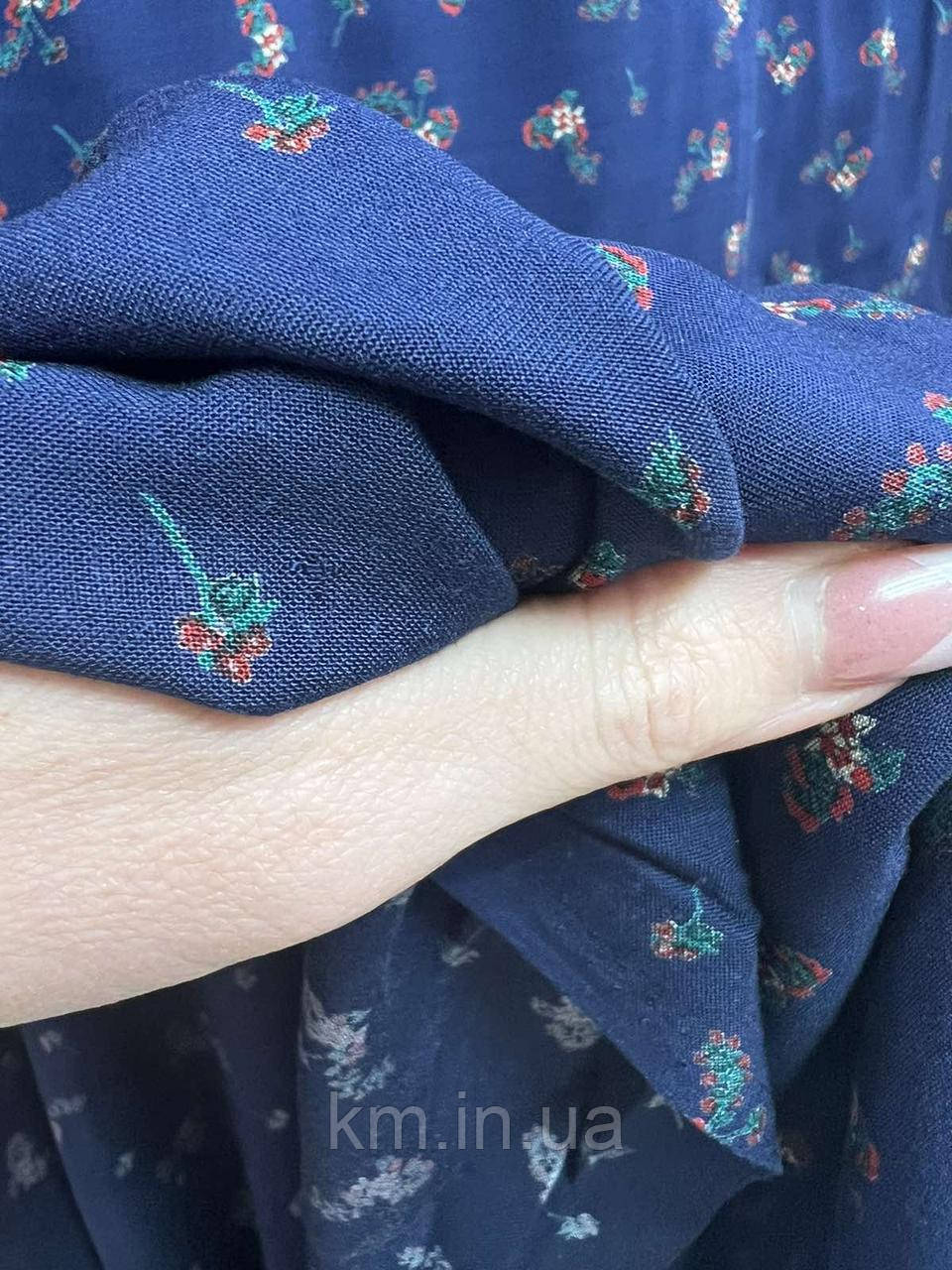 ТКАНИНА ШТАПЕЛЬ В КВІТОЧКУ СИНЬОГО КОЛЬОРУ, фото 1