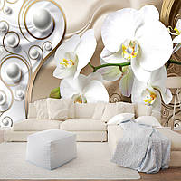 Флизелиновые фото обои орхидеи на стену 416x254 см 3Д Серые шарики и белые цветы (2952VEXXXL)+клей