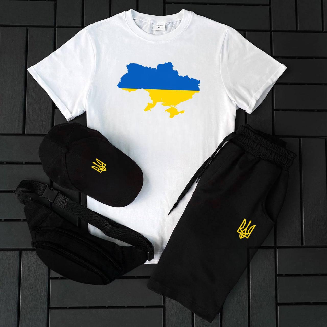 Комплект літній чоловіча футболка + шорти + кепка + бананка спринтом карта України