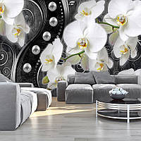 Флизелиновые фото обои цветы 368х254 см 3Д Белые орхидеи и жемчужины на черном фоне (2973V8)+клей