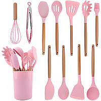 Набор кухонных принадлежностей 12шт Kitchen Set, Розовый / Кухонный набор из силикона и дерева с подставкой