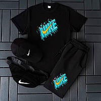 Летний костюм Nike черный мужской 4в1 стильный , Спортивный комплект Найк на лето Костюм + Бейсболка + Б trek