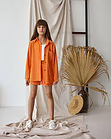 Костюм тройка летний (шорты, топ, рубашка) оранжевый 146 размер