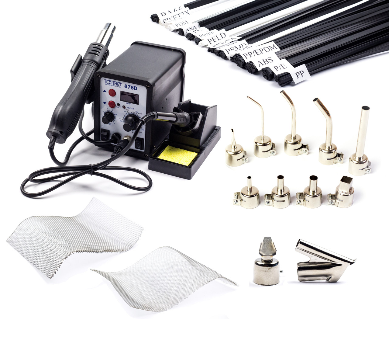 Набір МАХ для ремонту пластика - паяльна станція 2 в 1 + 11 насадок + пластик + 2 сітки, фото 1